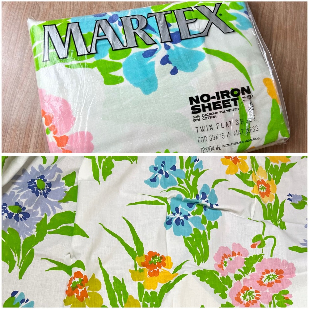 Martex Vintage 70s Bright Colorful Floral Bouquet Twin Flat Sheet New in Package